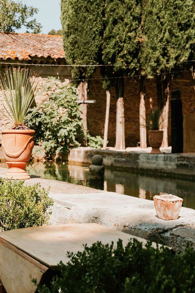 The pond and its agave pots