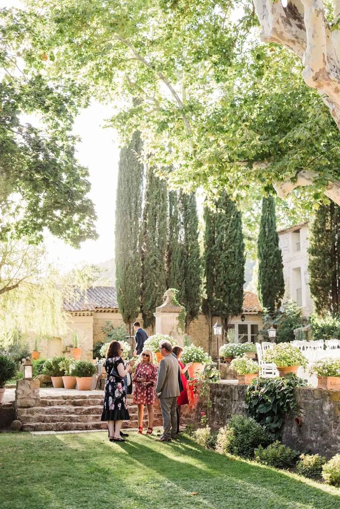 Guests arrive in the garden, beneath the cypress trees