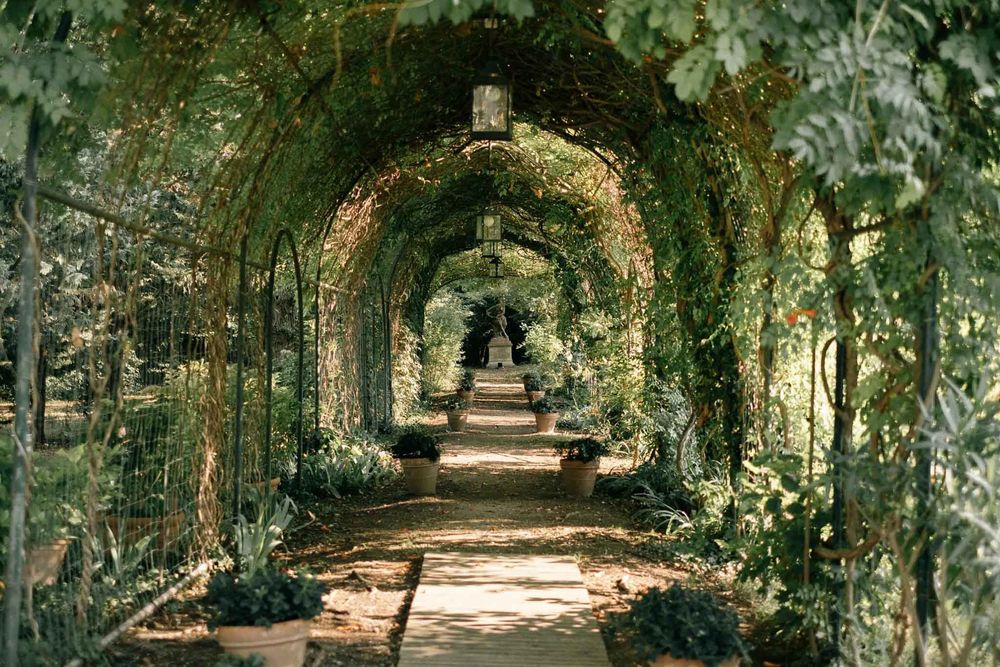 The green arbour at the end of the park, its pots and path